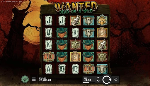 game grid of the Wanted Dead or a Wild slot with symbols